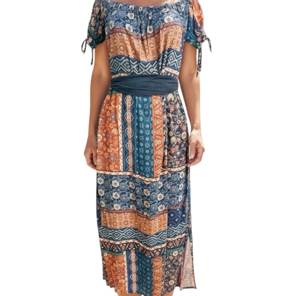 Dress Forum Los Angeles Patchwork Floral Off Shoulder Maxi Dress SZ S Navy